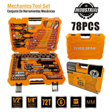 TOOLMAK Set di Attrezzi Meccanici 78 Pezzi, Chiavi a Bussola 1/2” e 1/4”, Cricchetti 72T, Martello, Pinze e Cacciaviti, Chiavi Combinate, Valigetta Professionale per Auto, Casa e Fai da te