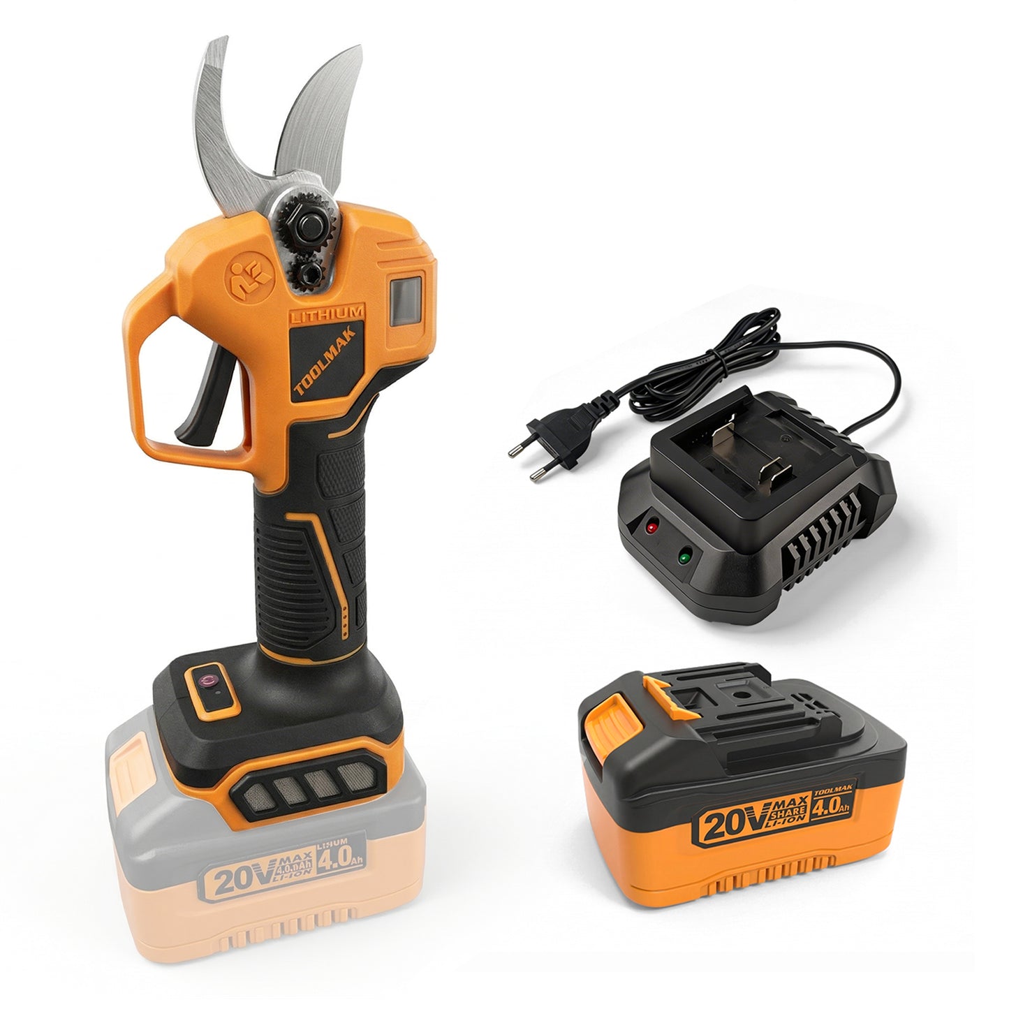 TOOLMAK Forbici Elettriche da Potatura 20V Brushless, 40 mm, Cesoia a Batteria Professionale per Frutteto, Fattoria e giardinaggio