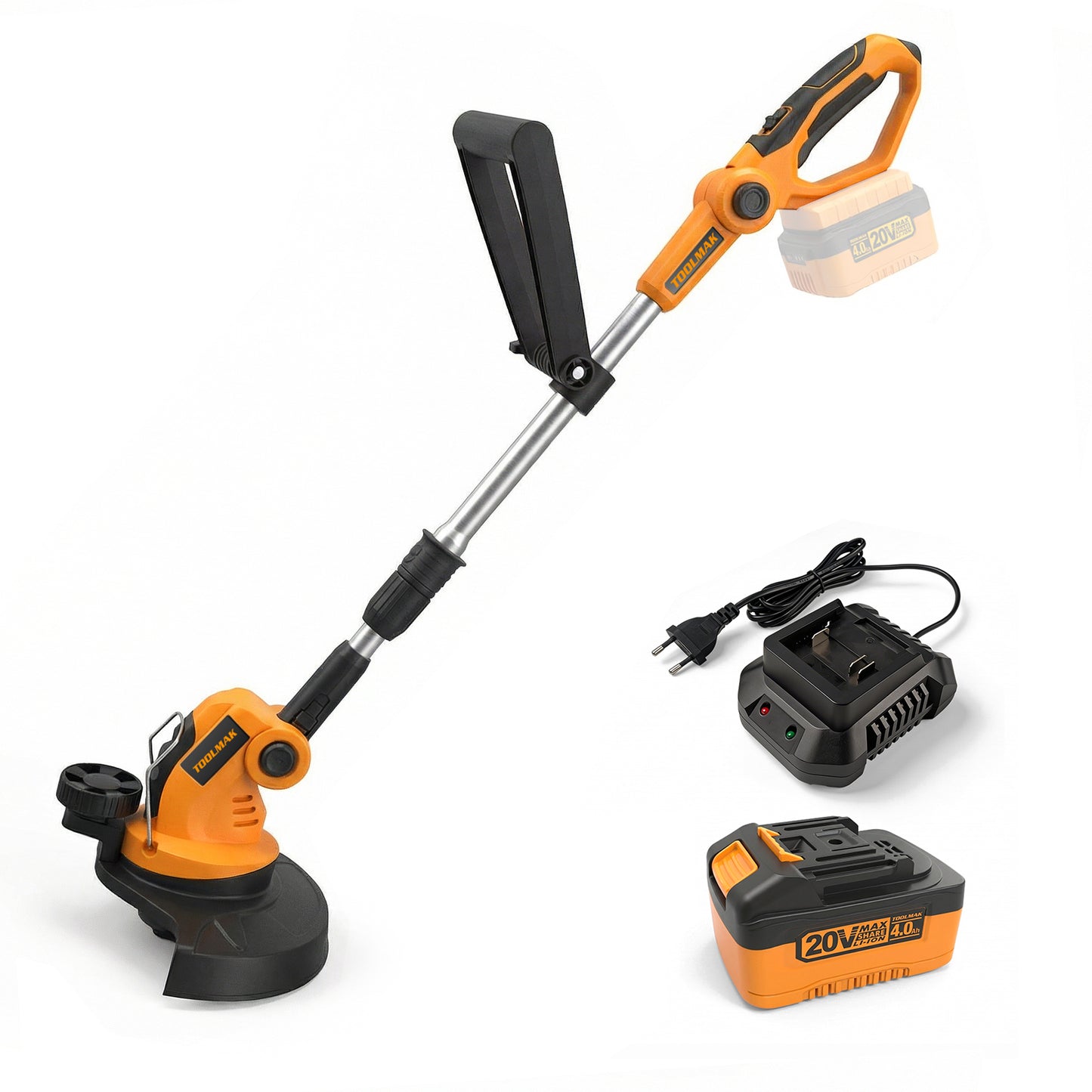 TOOLMAK Tagliabordi a Batteria 20V 4,0 Ah, Decespugliatore Elettrico Portatile per Giardino e Prato, Diametro Taglio 26 cm