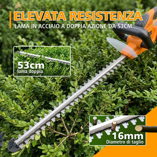 TOOLMAK Tagliasiepi senza fili 20V, Lama 530mm,Taglio 500mm,Batteria al litio, Motore ad alta efficienza, Design ergonomico per Giardinaggio