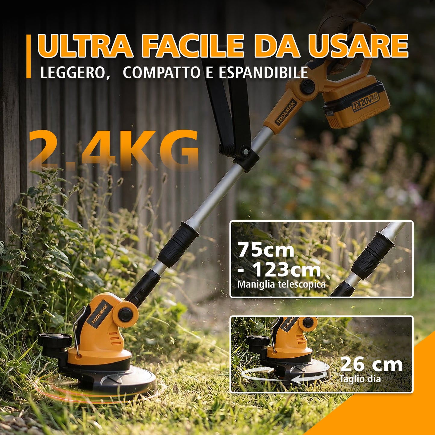 TOOLMAK Tagliabordi a Batteria 20V 4,0 Ah, Decespugliatore Elettrico Portatile per Giardino e Prato, Diametro Taglio 26 cm