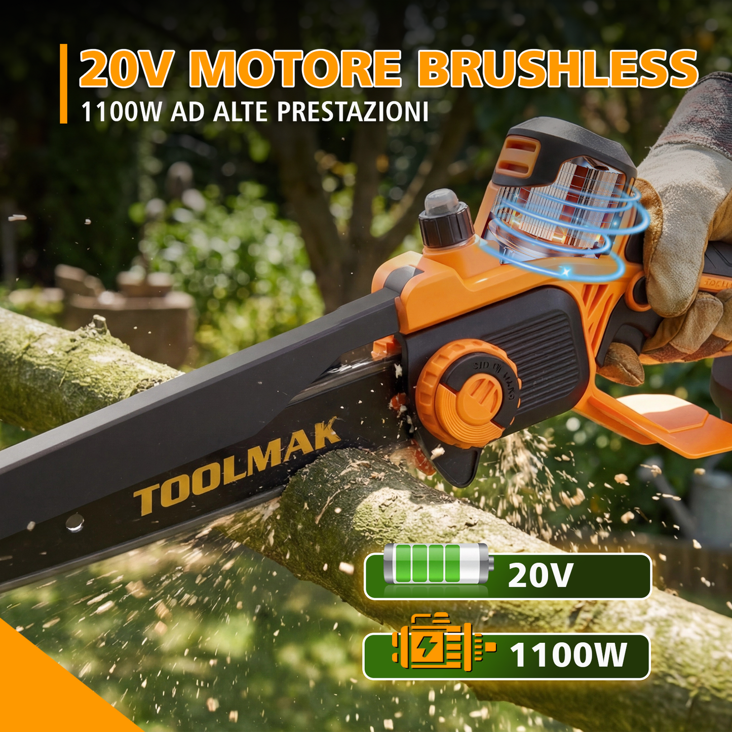 TOOLMAK Motosega a Batteria 20V Brushless 6/8 Pollici, Senza Fili con Motore Senza Spazzole, Velocità Variabile, Ideale per Potatura Alberi e Taglio Legna, con Pompetta Olio