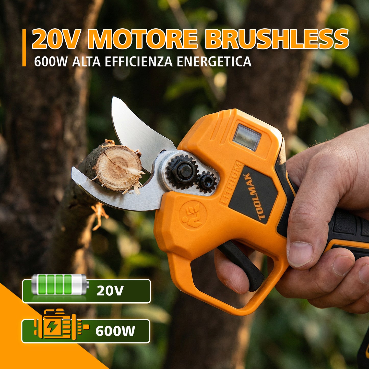 TOOLMAK Forbici Elettriche da Potatura 20V Brushless, 40 mm, Cesoia a Batteria Professionale per Frutteto, Fattoria e giardinaggio