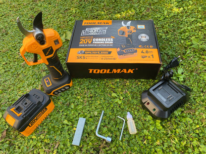 TOOLMAK -forbici da potatura Elettriche professionali a batteria al litio20V 4.0Ah - Motore brushless, Lama SK5affiliate，aperture 40 mm，taglio Max 25mm ,con caricabatteria-MK22134