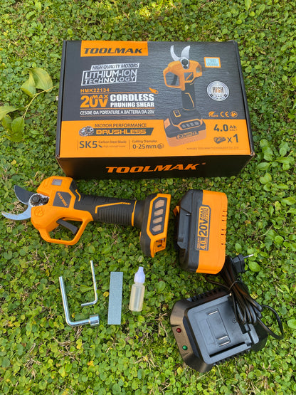 TOOLMAK -forbici da potatura Elettriche professionali a batteria al litio20V 4.0Ah - Motore brushless, Lama SK5affiliate，aperture 40 mm，taglio Max 25mm ,con caricabatteria-MK22134