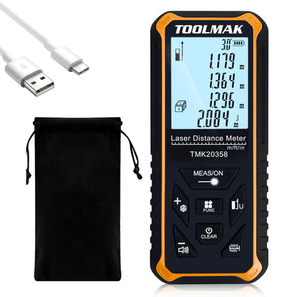 Telemetro Laser 60M Alta Precisione ±2mm, Misuratore di Distanza con Sensore di Angolo, Display LCD, IP54 Impermeabile, Batteria Ricaricabile 300mAh, Classe Laser II-TMK20358