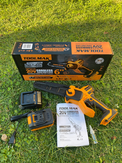TOOLMAK - Motosega a Batteria 20V, Motore Brushless,Lunghezz 6 "Pollici ，1100w,5500RPM, Sega Elettrica Senza Fili al Litio,per potatura Alberi e Giardino- HMK22139（6")