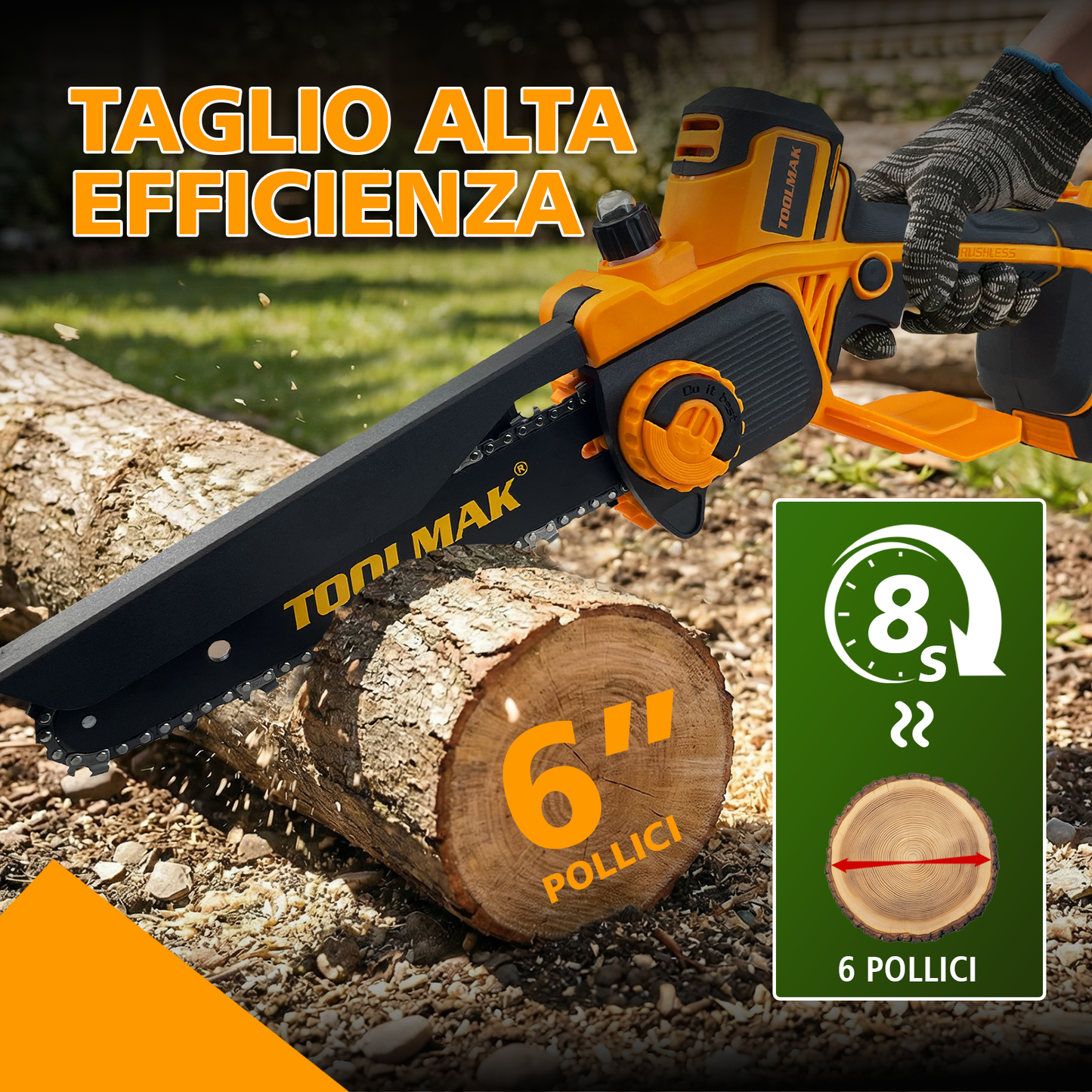 TOOLMAK Motosega a Batteria 20V Brushless 6/8 Pollici, Senza Fili con Motore Senza Spazzole, Velocità Variabile, Ideale per Potatura Alberi e Taglio Legna, con Pompetta Olio