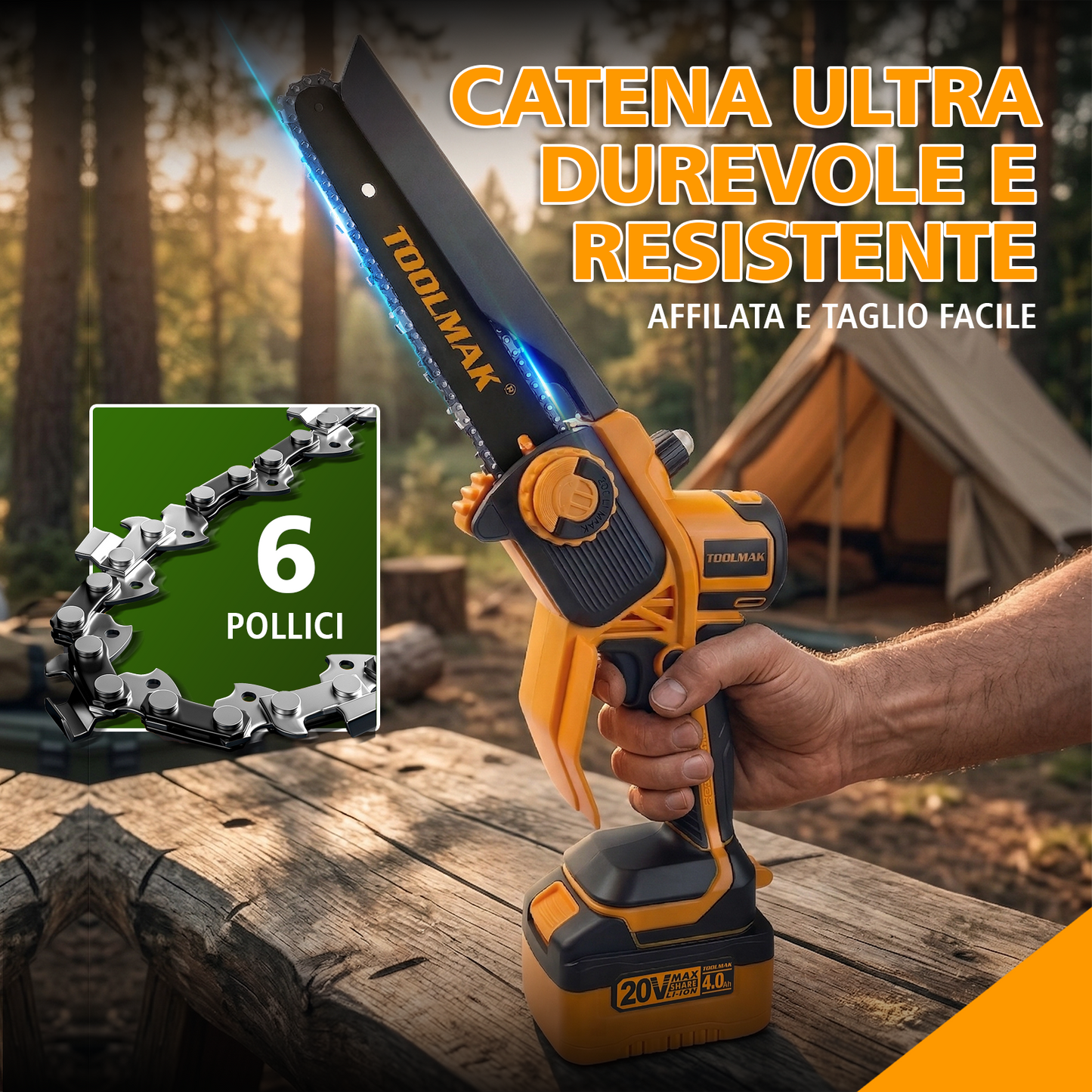 TOOLMAK Motosega a Batteria 20V Brushless 6/8 Pollici, Senza Fili con Motore Senza Spazzole, Velocità Variabile, Ideale per Potatura Alberi e Taglio Legna, con Pompetta Olio