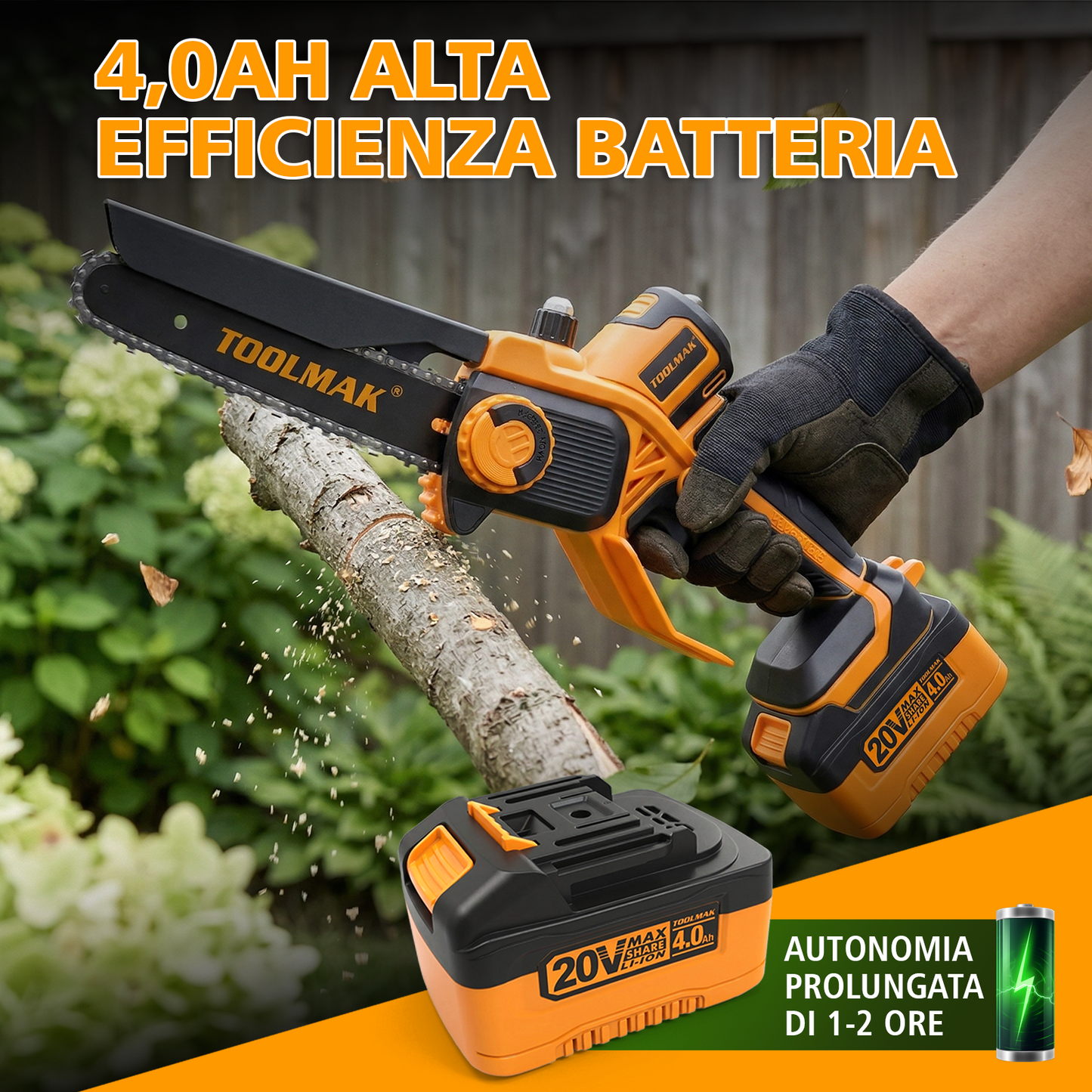 TOOLMAK Motosega a Batteria 20V Brushless 6/8 Pollici, Senza Fili con Motore Senza Spazzole, Velocità Variabile, Ideale per Potatura Alberi e Taglio Legna, con Pompetta Olio