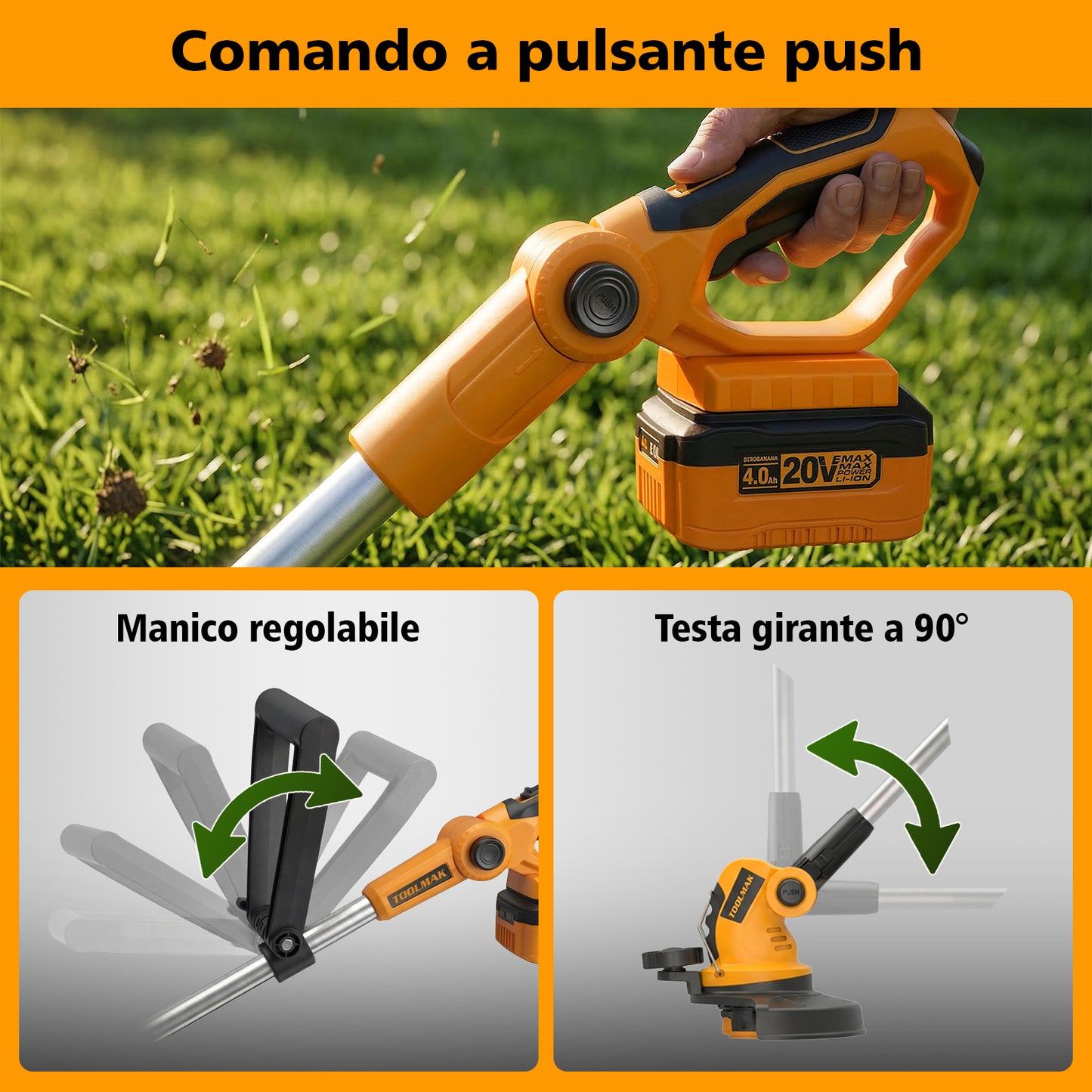 TOOLMAK Tagliabordi a Batteria 20V 4,0 Ah, Decespugliatore Elettrico Portatile per Giardino e Prato, Diametro Taglio 26 cm