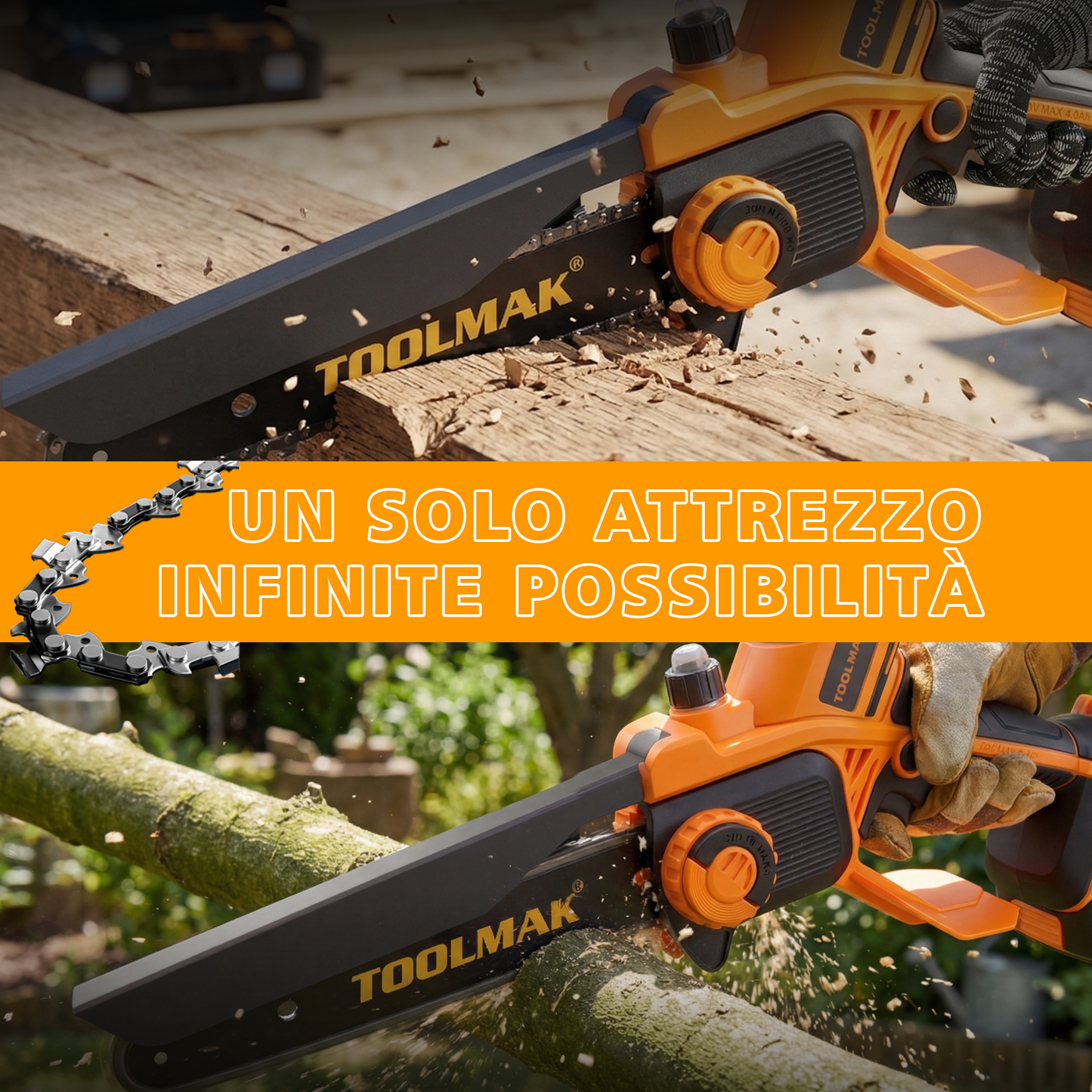 TOOLMAK Motosega a Batteria 20V Brushless 6/8 Pollici, Senza Fili con Motore Senza Spazzole, Velocità Variabile, Ideale per Potatura Alberi e Taglio Legna, con Pompetta Olio