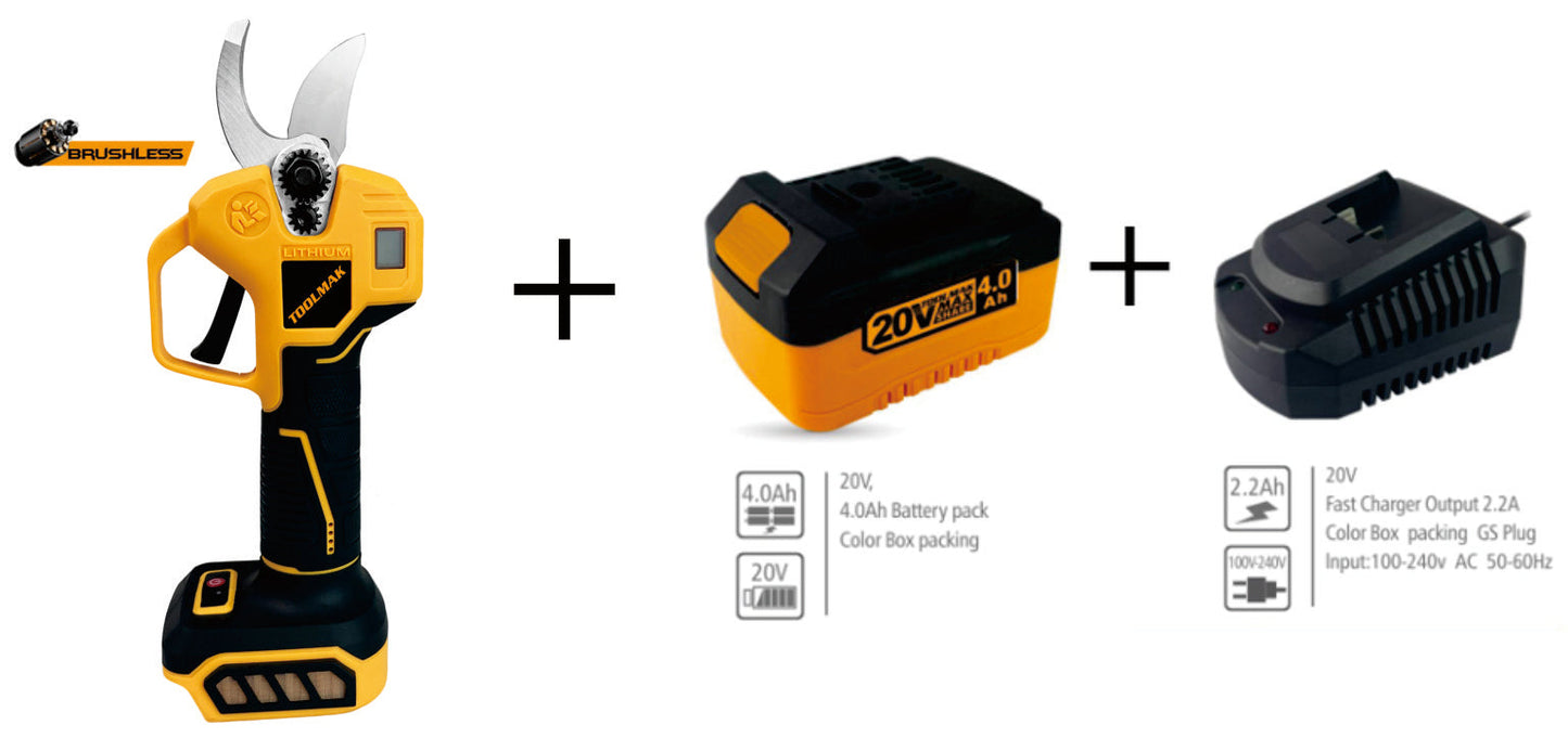 TOOLMAK -forbici da potatura Elettriche professionali a batteria al litio20V 4.0Ah - Motore brushless, Lama SK5affiliate，aperture 40 mm，taglio Max 25mm ,con caricabatteria-MK22134