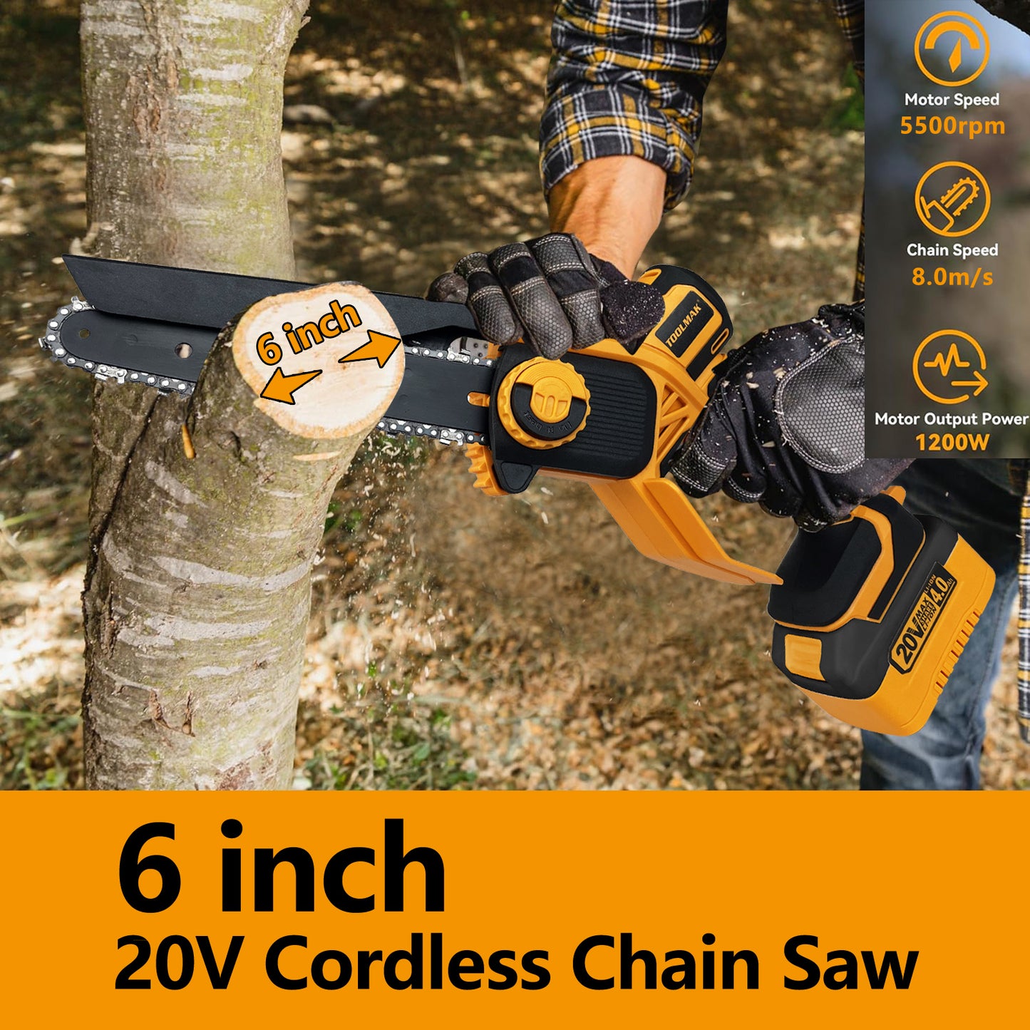 TOOLMAK - Motosega a Batteria 20V, Motore Brushless,Lunghezz 6 "Pollici ，1100w,5500RPM, Sega Elettrica Senza Fili al Litio,per potatura Alberi e Giardino- HMK22139（6")