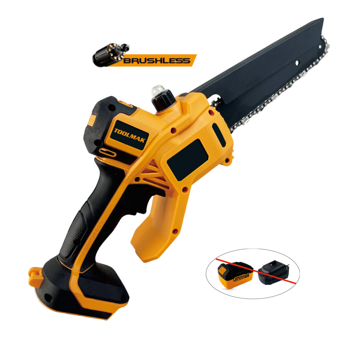 TOOLMAK - Motosega a Batteria 20V, Motore Brushless,Lunghezz 6 "Pollici ，1100w,5500RPM, Sega Elettrica Senza Fili al Litio,per potatura Alberi e Giardino- HMK22139（6")