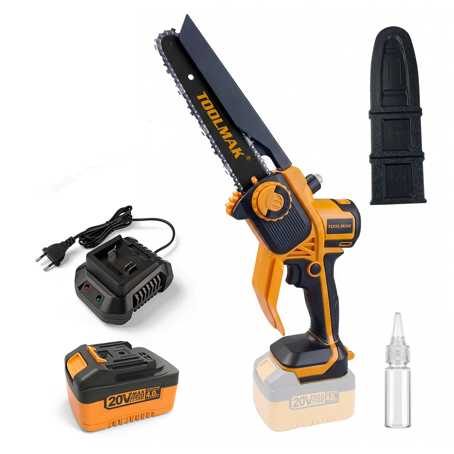 TOOLMAK Motosega a Batteria 20V Brushless 6/8 Pollici, Senza Fili con Motore Senza Spazzole, Velocità Variabile, Ideale per Potatura Alberi e Taglio Legna, con Pompetta Olio
