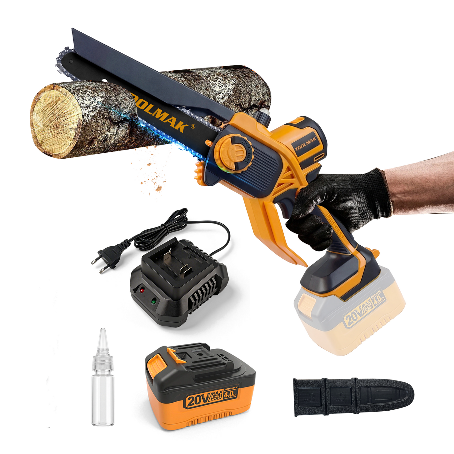 TOOLMAK Motosega a Batteria 20V Brushless 6/8 Pollici, Senza Fili con Motore Senza Spazzole, Velocità Variabile, Ideale per Potatura Alberi e Taglio Legna, con Pompetta Olio