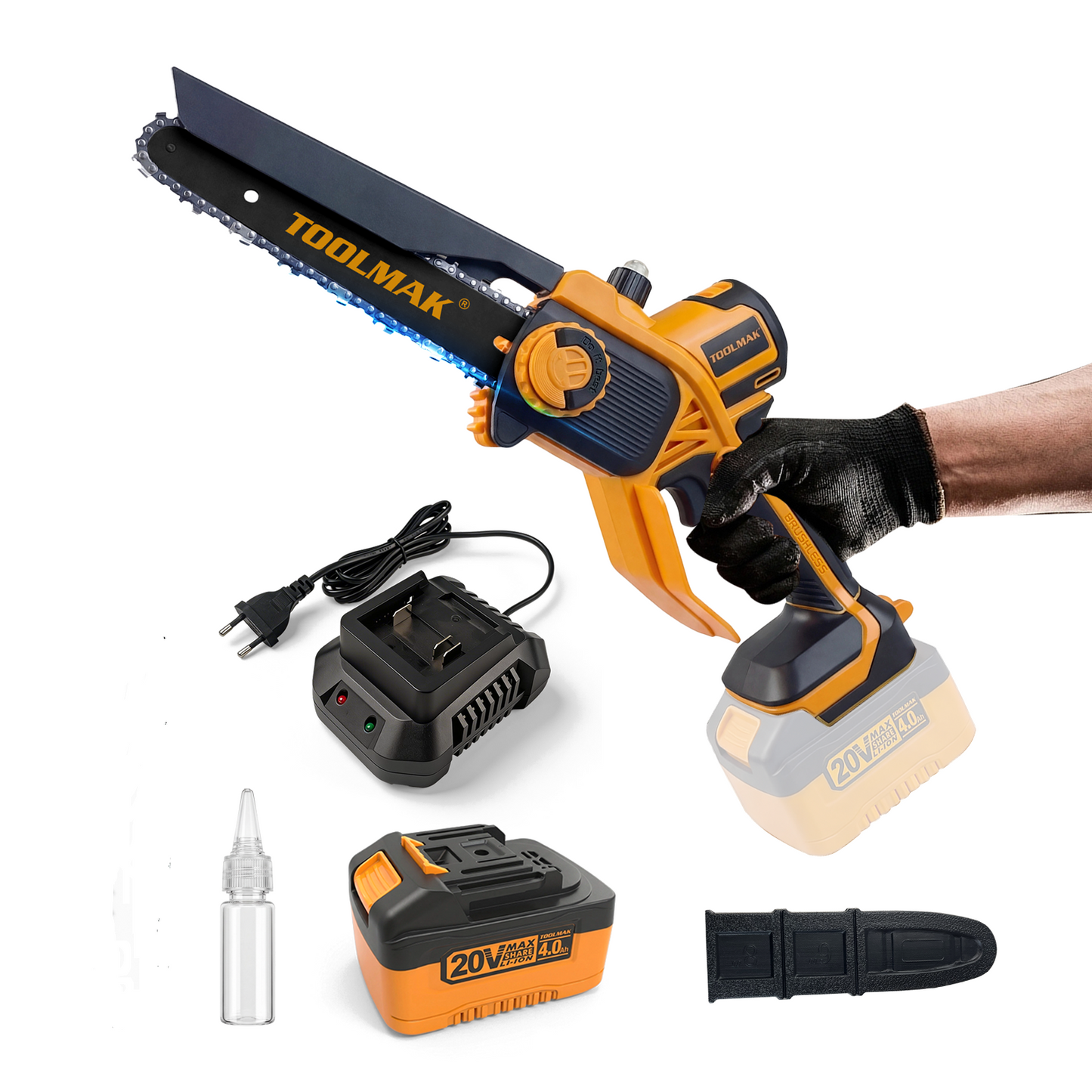 TOOLMAK Motosega a Batteria 20V Brushless 6/8 Pollici, Senza Fili con Motore Senza Spazzole, Velocità Variabile, Ideale per Potatura Alberi e Taglio Legna, con Pompetta Olio