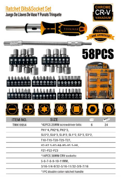 Set di Cacciaviti e Bussole 58 Pezzi CR-V Magnetico, con Cricchetto a Doppio Colore, Prolunga Flessibile, Punte 25mm e Bussole 38mm, Superficie Sabbiata, Confezione Doppio Blister-TMK19954