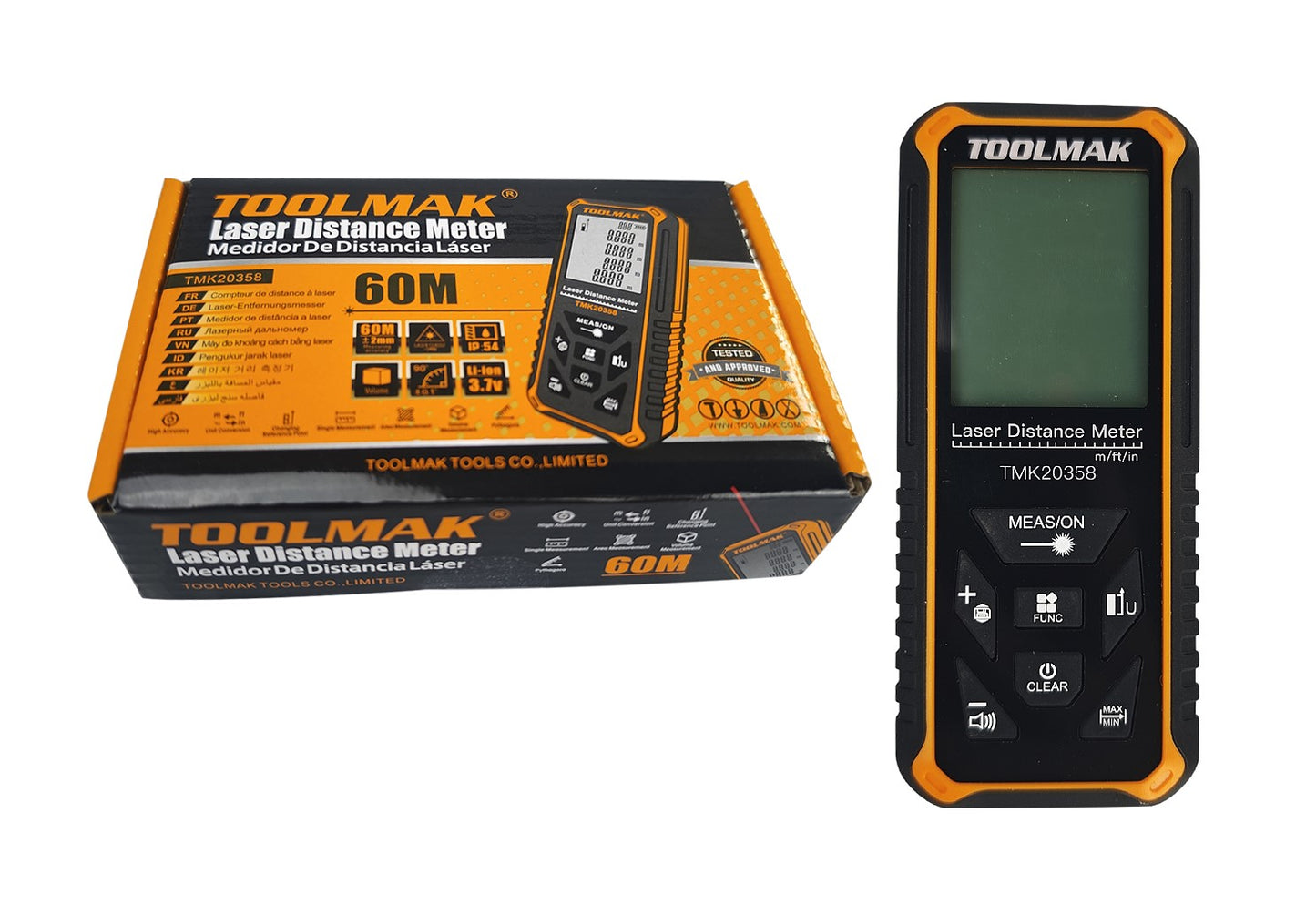 Telemetro Laser 60M Alta Precisione ±2mm, Misuratore di Distanza con Sensore di Angolo, Display LCD, IP54 Impermeabile, Batteria Ricaricabile 300mAh, Classe Laser II-TMK20358