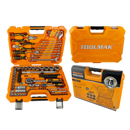 Set Attrezzi Professionale 78 Pezzi in Acciaio CR-V, con Cricchetto 1/2” & 1/4”, Bussole, Chiavi Combinati, Pinze, Martello, Cacciaviti e Brugole, in Valigetta Rigida-TMK19792