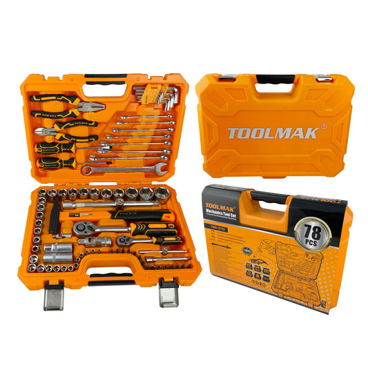 Set Attrezzi Professionale 78 Pezzi in Acciaio CR-V, con Cricchetto 1/2” & 1/4”, Bussole, Chiavi Combinati, Pinze, Martello, Cacciaviti e Brugole, in Valigetta Rigida-TMK19792